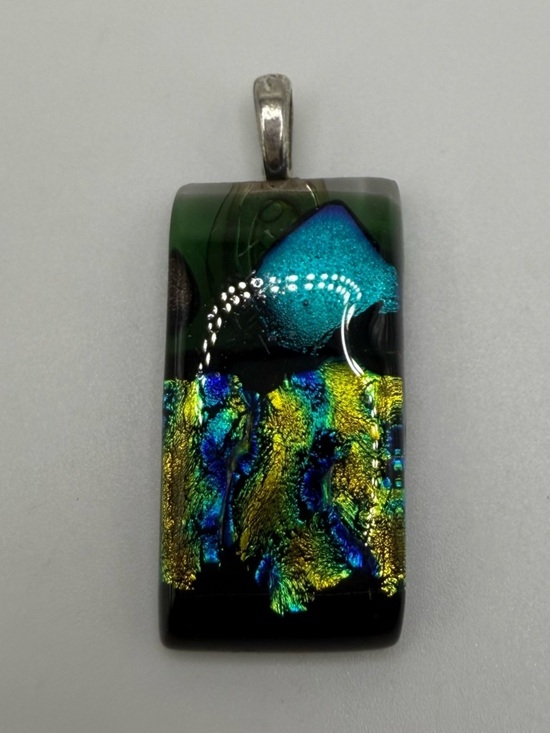 Jewelry - Dichroic Glass Pendant Blue Green Gold Rectangle Sterling Bail